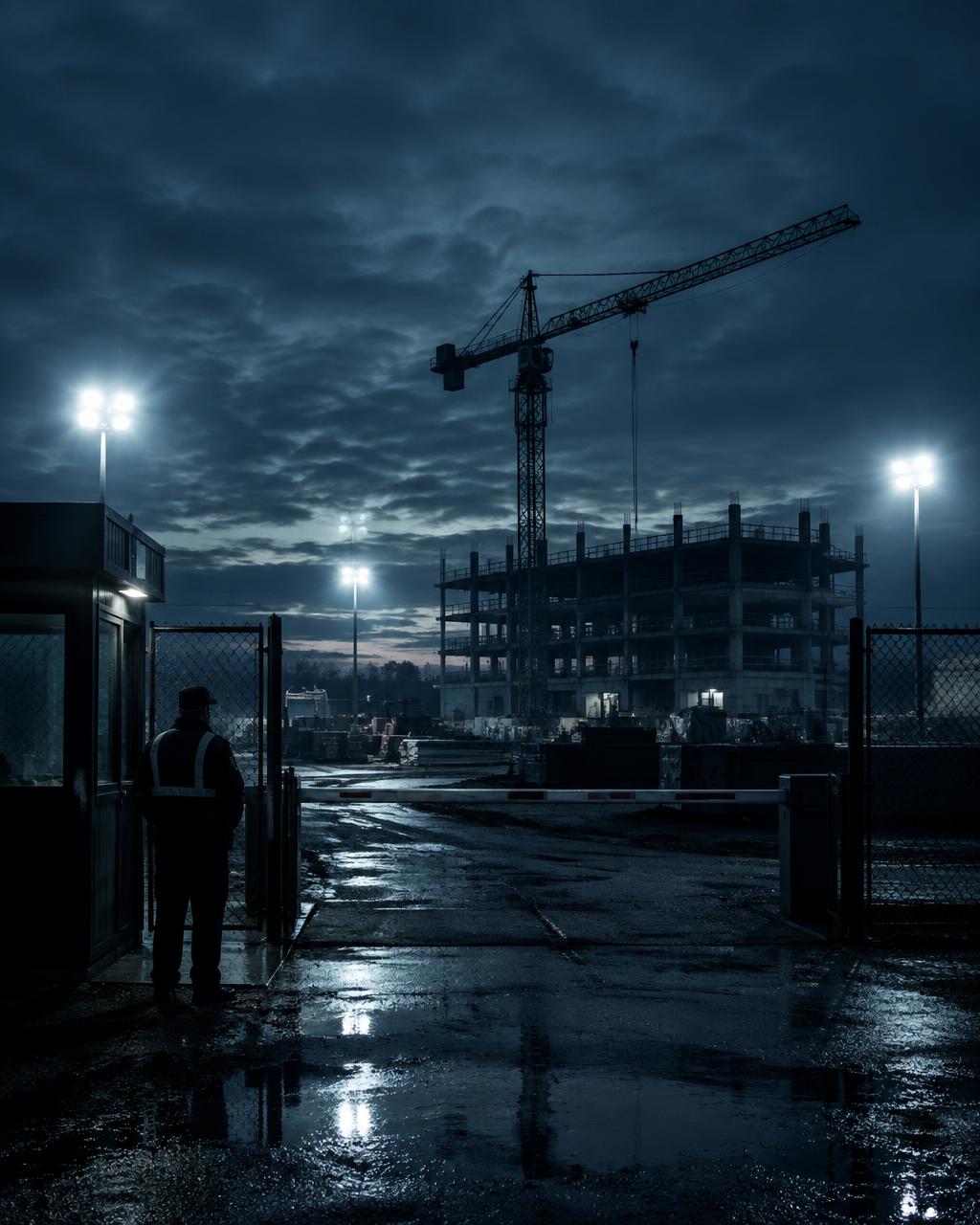 Abgesicherte Baustelle bei Dämmerung mit Wachposten an der Zufahrt