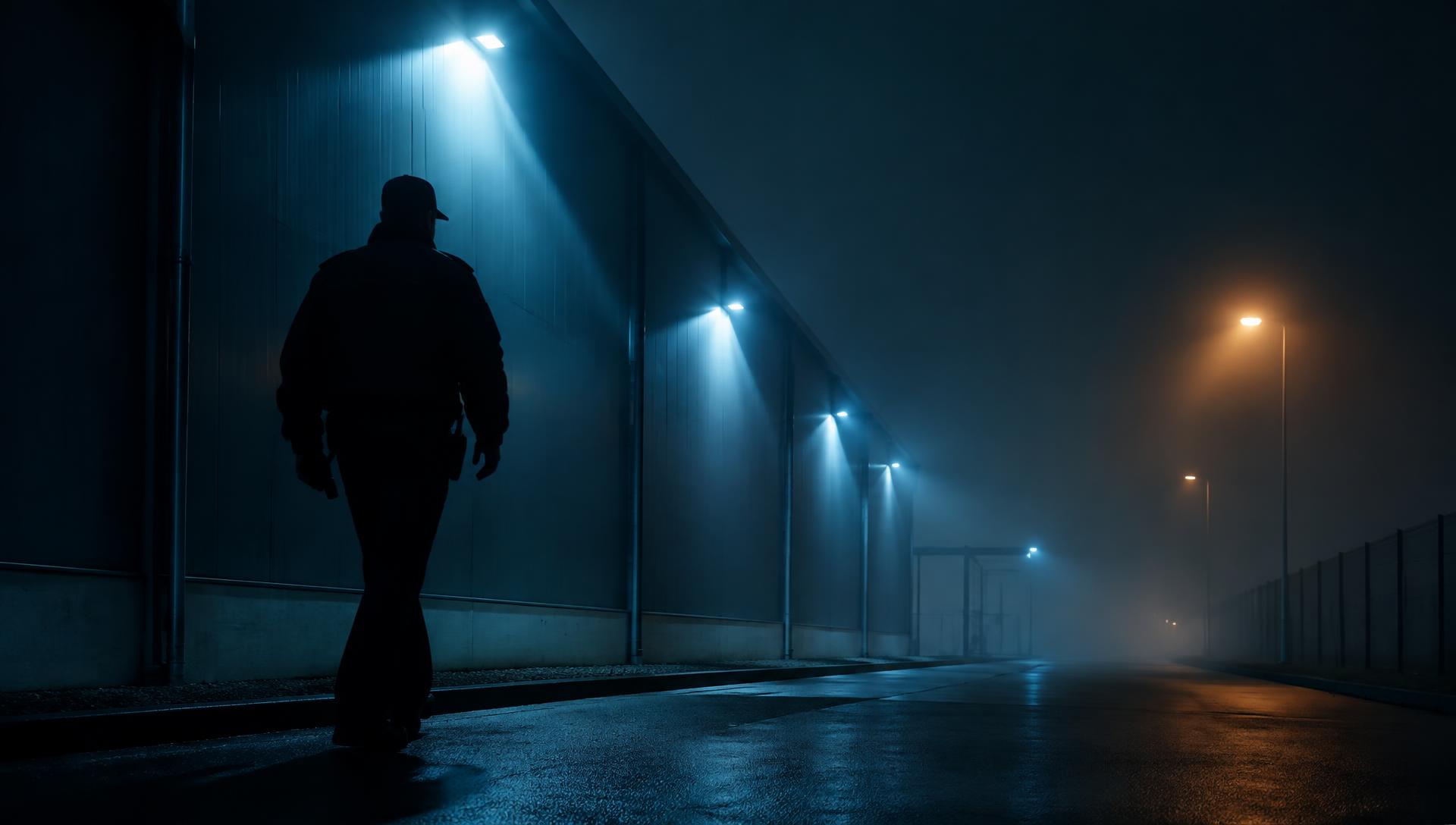 Sicherheitsmitarbeiter auf nächtlichem Kontrollgang an einem Firmengebäude
